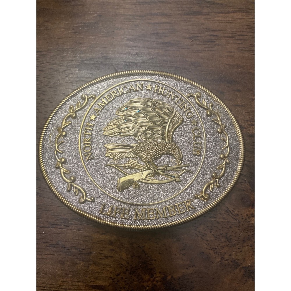 North American Hunting Club Life Member Belt Buckle Eagle Rifle Bow Gold Silver